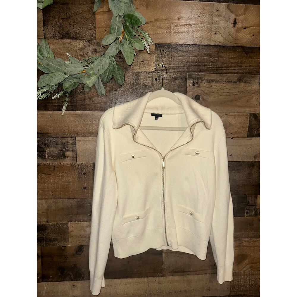 Talbots Ivory Full-Zip Mock Neck Cardigan Sweater with Crest Buttons, size M